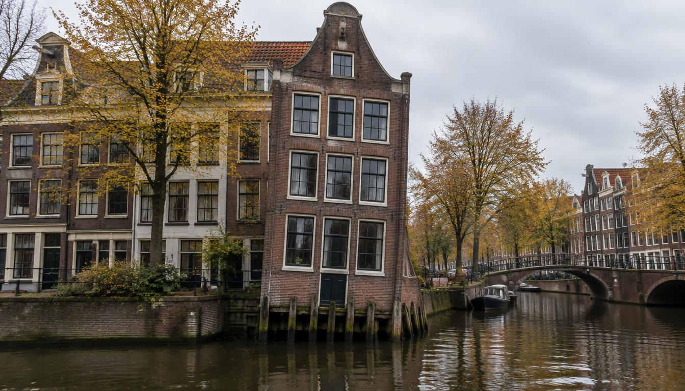 Oud grachtenpand op houten palen aan het water