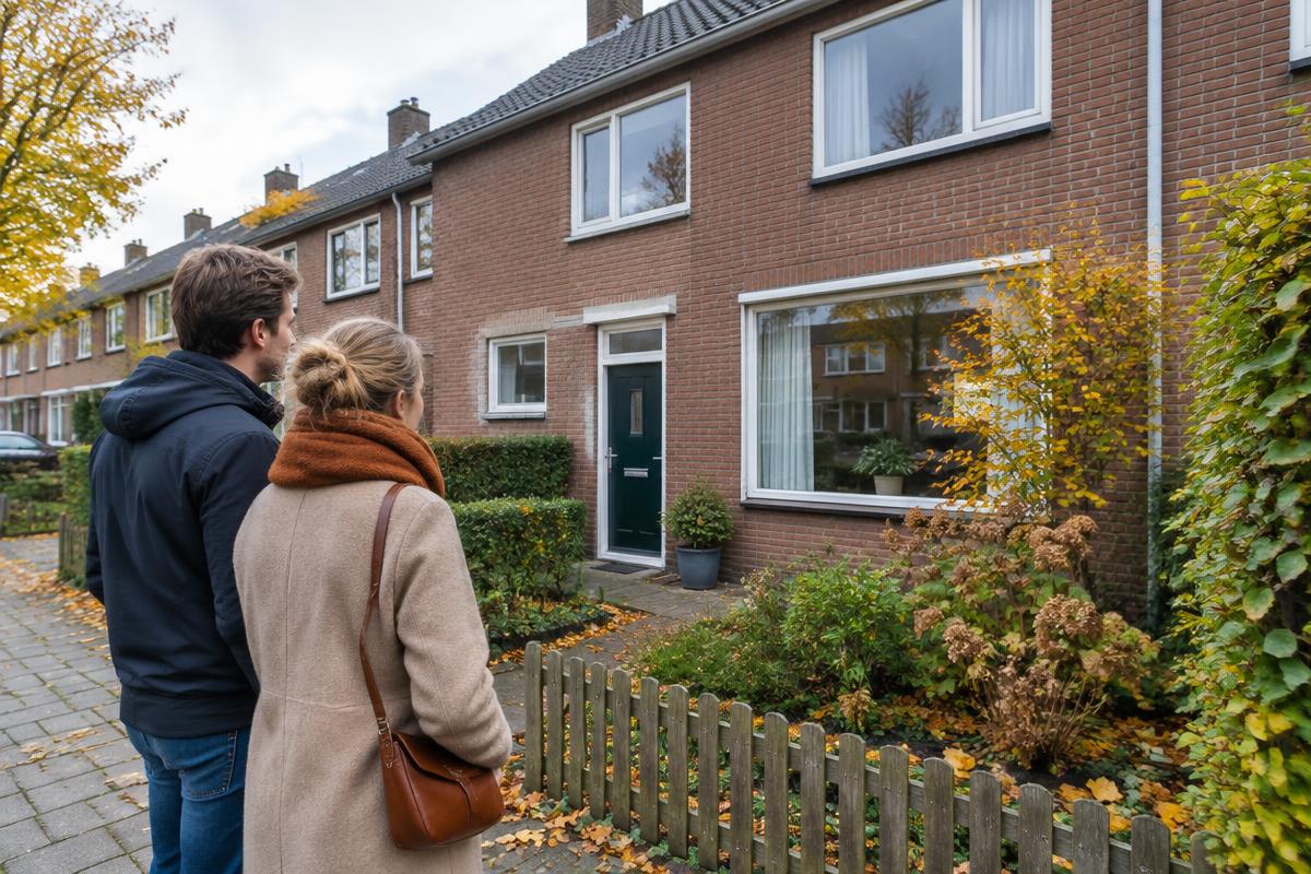 Jong stel bekijkt een rijtjeshuis in de herfst