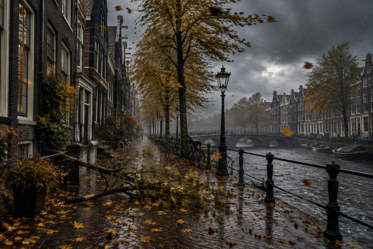 Grachtenstraat tijdens een herfststorm met een afgebroken tak