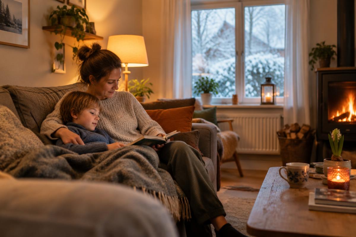 Moeder en kind op de bank in een warme woonkamer in de winter